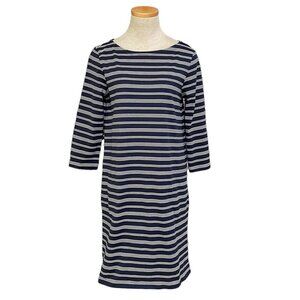 Garnet Hill Midi Dress Long Sleeve Shift Pockets Stripes Blue White Size 6